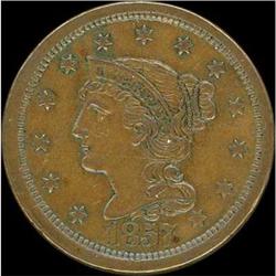 1857 Coronet Head Cent. Lg date. VF35