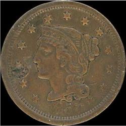 1857 Coronet Head Cent. Lg date. VG10