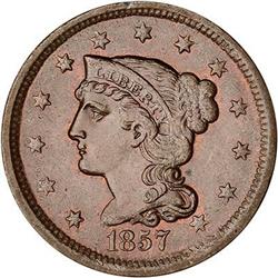 1857 Coronet Head Cent. Sm date. MS62