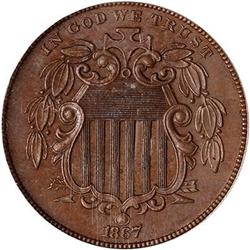 1867 Pattern Five Cents. Copper, plain edge PCGS PR63BN