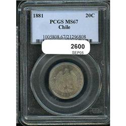 Chile., 20 Centavos, 1881 KM-138.2 PCGS MS67