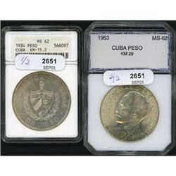 Cuba., Lot of Two Pesos, 1934 and 1953
