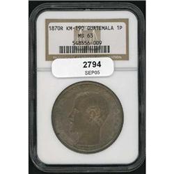 Guatemala. R. Carrera, 1 Peso, 1870R KM-190 NGC MS63