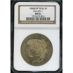 Peru., 5 Pesetas, 1880-B BF KM-201.1 NGC MS61