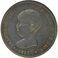 Spain. Alfonso XIII, 5 Pesetas, 1891 AU-Uncirculated