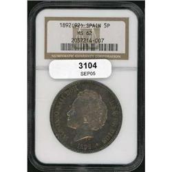 Spain. Alfonso XIII, 5 Pesetas, 1892(92) NGC MS62