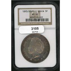 Spain. Alfonso XIII, 5 Pesetas, 1893(93) PG-L NGC MS63