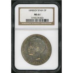 Spain. Alfonso XIII, 5 Pesetas, 1898 SGV NGC MS 61