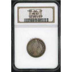 Switzerland. Confederation, 1 Franc, 1920 NGC MS 67