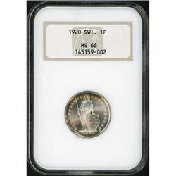 Switzerland. Confederation, 1 Franc, 1920 B NGC MS 66
