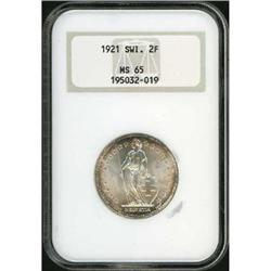 Switzerland. Confederation, 2 Francs, 1921 B NGC MS 65