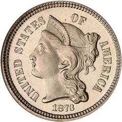 1873 Nickel 3C. Closed 3. NGC PF66 CAM