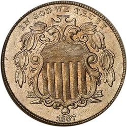 1867 Shield Nickel. No rays NGC MS65
