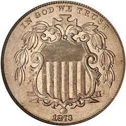 1873 Shield Nickel. Open 3 NGC MS65