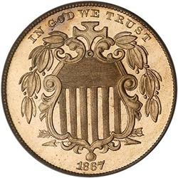 1867 Shield 5C No rays PCGS PF65 Cameo