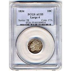 1834 Capped Bust Dime. Large 4 PCGS AU55