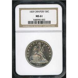 1839 Liberty Seated Half Dollar. Drapery NGC MS61