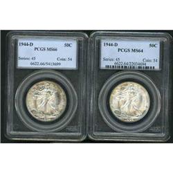Group of Two 1944-D Liberty Walking 50C PCGS MS66, 64