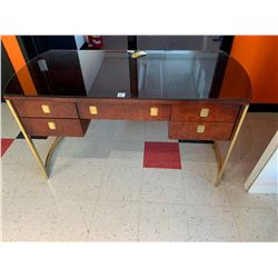 Glass Topped Figured maple and Brass Desk