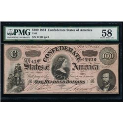 1864 $100 Confederate States of America Note PMG 58