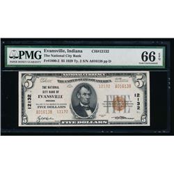 1929 $5 Evansville National Bank Note PMG 66EPQ