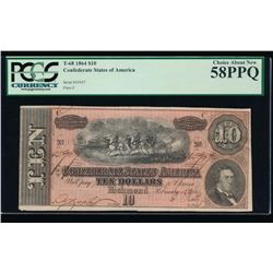 1864 $10 Confederate States of America Note PCGS 58PPQ