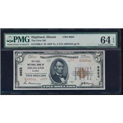 1929 $5 Highland National Note PMG 64EPQ