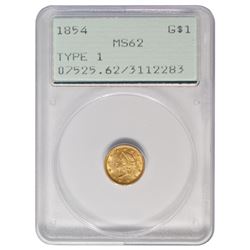 1854 $1 Liberty Head Gold Coin PCGS MS62