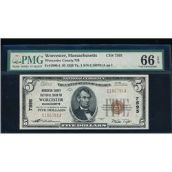 1929 $5 Worcester National Bank Note PMG 66EPQ