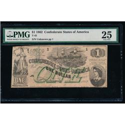 1862 $1 Confederate States of America Note PMG 25