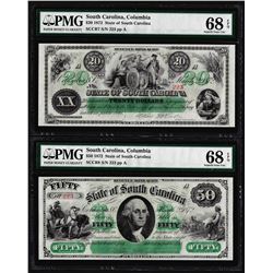 Low Serial Set 1872 $20 & $50 South Carolina Obsolete Notes PMG Superb Gem Unc. 68EPQ