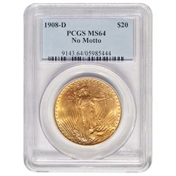 1908-D $20 St Gaudens Double Eagle Gold Coin PCGS MS64