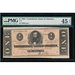 1864 $1 Confederate States of America Note PMG 45EPQ