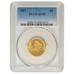 1861 $5 Liberty Head Half Eagle Gold Coin PCGS AU55