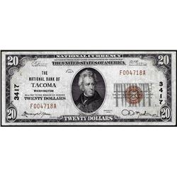 1929 $20 National Bank Tacoma, WA CH# 3417 National Currency Note