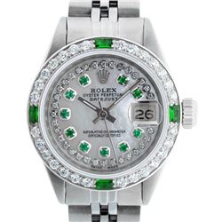 Rolex Ladies Stainless Steel MOP Emerald & Diamond Datejust Wristwatch