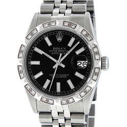 Rolex Mens Stainless Steel 36MM Black Index Pyramid Diamond Datejust Wristwatch