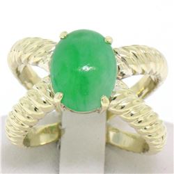 14k Solid Gold Open Twisted Wire Bands Open Wide Cabochon Green Jade Ring