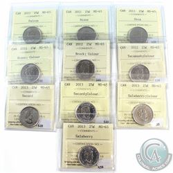 25-cent 2011 Falcon, 2011 Bison, 2011 Orca, 2011 Coloured Bison, 2012 Coloured Brock, 2012 Coloured