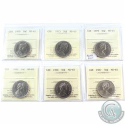 50-cent 1970, 1973, 1979 Round Bust, 1980, 1986, 1987 ICCS Certified MS-65. 6pcs.