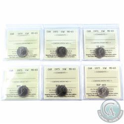 10-cent 1970, 1971, 1972, 1973, 1975, 1977 ICCS Certified MS-65. 6pcs.