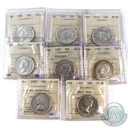 1942-1953 Canada 50-cent ICCS Certified - 1942 VF-30, 1943 MS-60, 1944 AU-55, 1946 EF-45, 1947 Strai