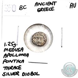 Greece 350 BC Medusa Apollonia Pontika Thrace Silver Diobol. Weighs 1.25g