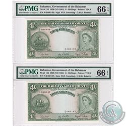 Bahamas - Pair of 1963 The Bahama's Government Four Shillings, Pick#13d, Sweeting-Roberts, S/N: A/6 