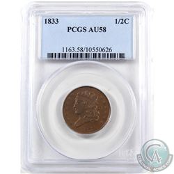 USA 1833 Half Cent PCGS Certified AU-58