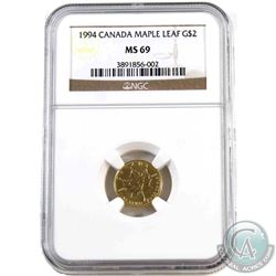 Canada 1994 1/15oz. $2 Gold Maple Leaf NGC Certified MS-69 (Tax Exempt). Produced only in 1994, the 