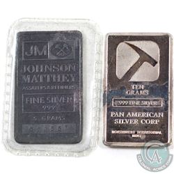 Johnson Matthey 5 gram & Pan American 10 gram Fine Silver Bars (TAX Exempt). 2pcs.