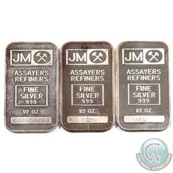 3x Johnson matthey 1/2oz Fine Silver Bars with 'Blank' Reverse (TAX Exempt). Serial # 001660, 001690