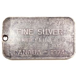 Ultra Rare! 1974 Johnson Matthey & Mallory 1oz Fine Silver Bar with Blank Reverse (Tax Exempt). Hole