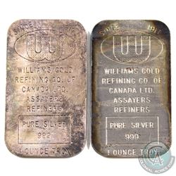 Pair of Vintage Williams Gold Refining Co. 1oz Fine Silver Bars (TAX Exempt). 2pcs.